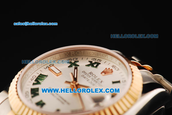 Rolex Datejust Oyster Perpetual Automatic Movement Steel Case with White Dial and Green Roman Numerals -Two Tone Strap - Click Image to Close
